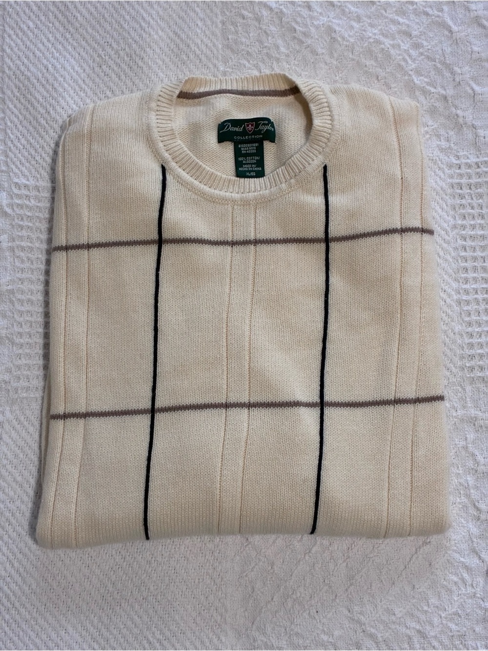 Vintage David Taylor Crewneck Cotton Knit Sweater Windowpane Cream Men’s Sz XL